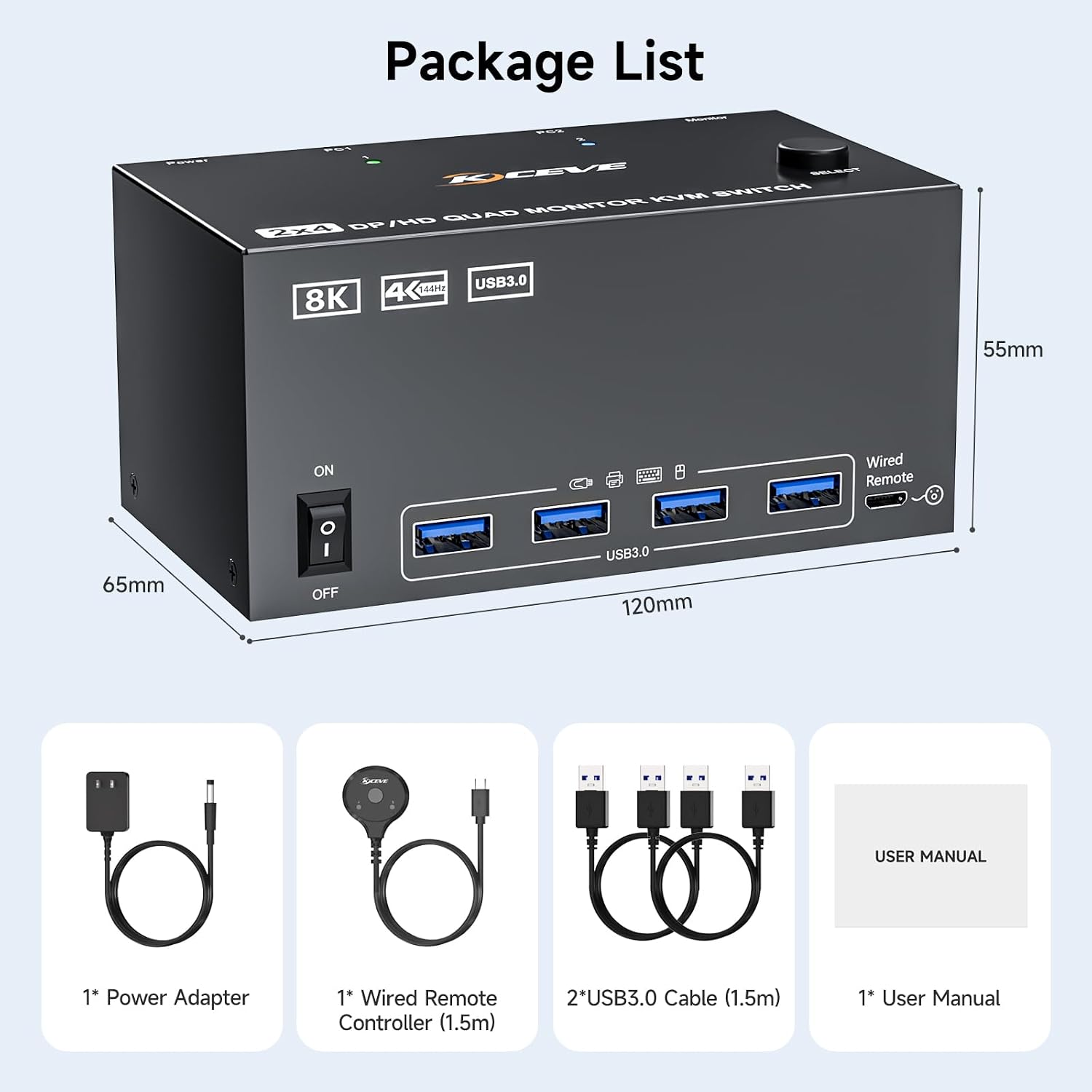KVM Switch 4 Monitors 2 Computers 8K@60Hz/4K@120Hz, HDMI DP KVM Switches for 2 PC Sharing Quad Monitor and Keyboard Mouse with Power Adapter, Wired Extend Controller and USB Cables, 【Input 3 DP+1 HD】