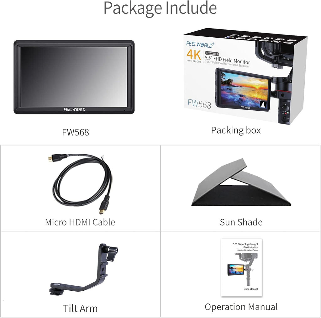 FEELWORLD FW568 V3 Upgrade 6 Inch Camera Field Monitor with 4k HDMI Ultra Bright Screen 3D Lut Small Full HD 1920x1080 IPS Video Peaking Focus for DSLR Cameras Include Sunshade and Tilt Arm Mount
