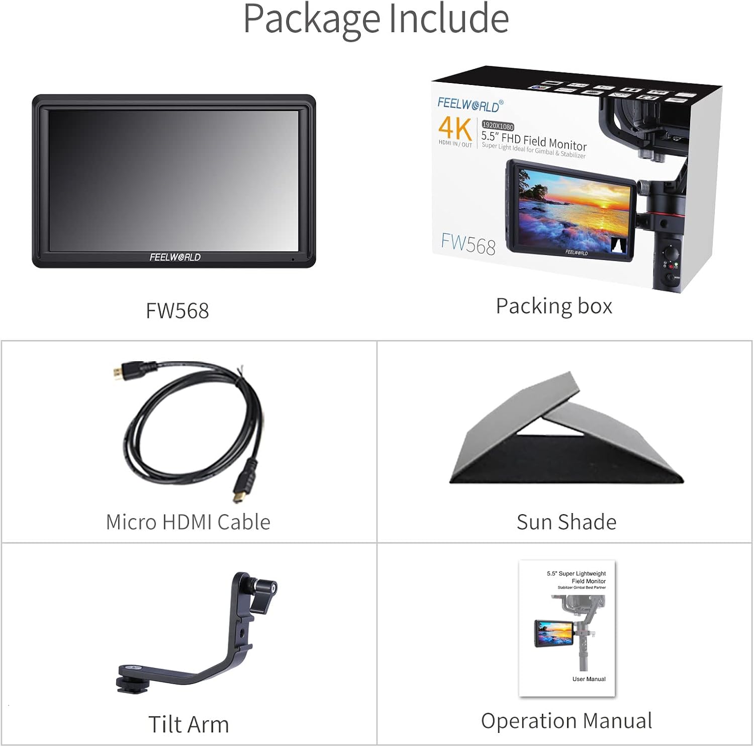 FEELWORLD FW568 V3 Upgrade 6 Inch Camera Field Monitor with 4k HDMI Ultra Bright Screen 3D Lut Small Full HD 1920x1080 IPS Video Peaking Focus for DSLR Cameras Include Sunshade and Tilt Arm Mount