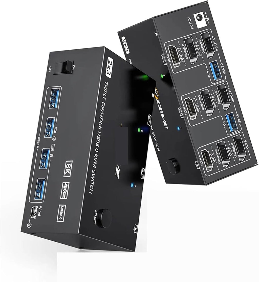Triple Monitors KVM Switch,2 Displayport + HD-MIUSB KVM Switch 8K@60Hz,4K@144Hz 3 Monitors 2 Computers KVM with 4 USB 3.0 Ports(UK Plug)