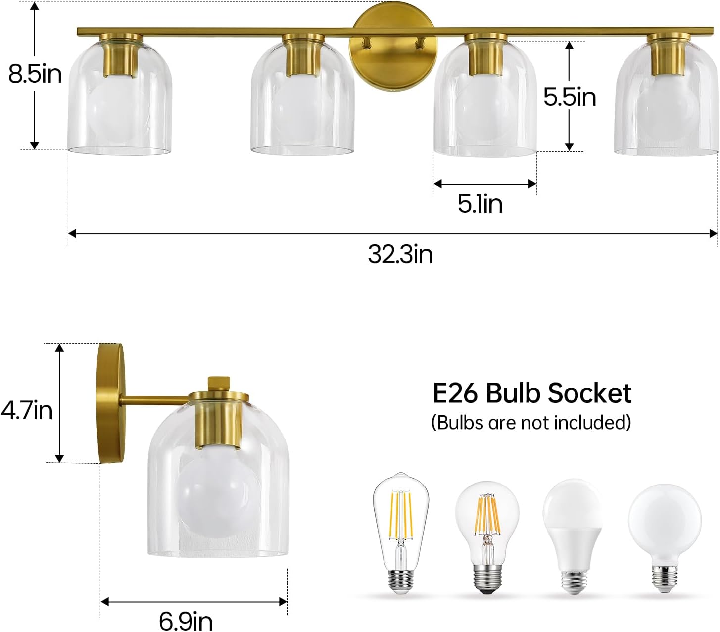 WOSHITU Bathroom Vanity Light Fixtures: 32.3 Inch Modern Brushed Gold Bathroom Light Fixtures Over Mirror with Clear Glass Shade, 4-Light Bathroom Lights Above Mirror