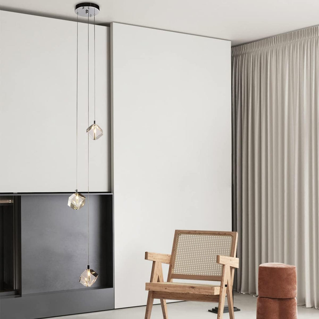3 Lights Pendant Lighting, Chrome Cluster Pendant Light Fixture for Kitchen Island, Modern Small Cube Pendant Chandelier Hanging Light for Dining Room Bedroom Bathroom
