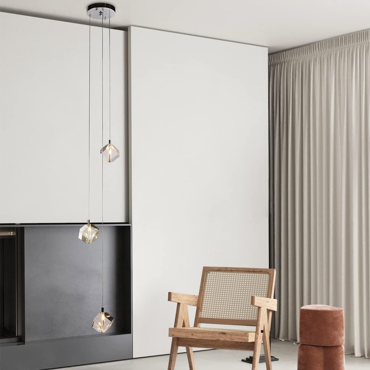 3 Lights Pendant Lighting, Chrome Cluster Pendant Light Fixture for Kitchen Island, Modern Small Cube Pendant Chandelier Hanging Light for Dining Room Bedroom Bathroom
