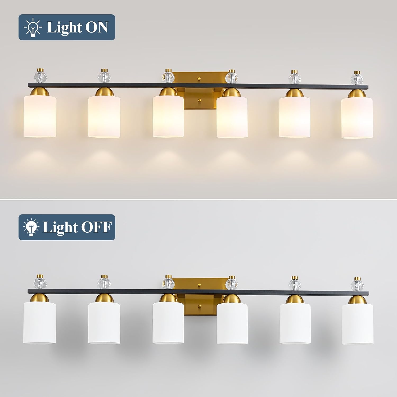 White Glass Bathroom Vanity Light Fixtures 6 Light Mid Century Black Gold Vanity Light Over Mirror Modern Vanity Lights for Bathroom Mirror Hallway E26 Socket (Bulbs Not Included)