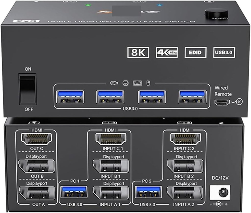 KVM Switch 3 Monitors 2 Computers 8K@60Hz 4K@144Hz, 2 Displayport + HDMI USB3.0 KVM Switch Triple Monitor with 4 USB 3.0 Port(EU Plug)