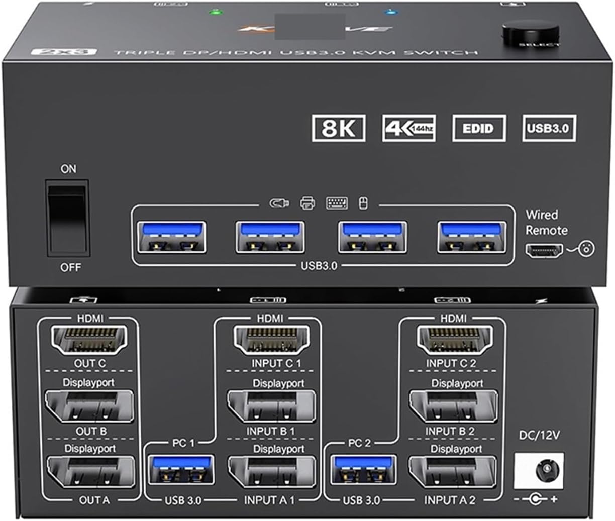 KVM Switch 3 Monitors 2 Computers 8K@60Hz 4K@144Hz, 2 Displayport + HDMI USB3.0 KVM Switch Triple Monitor with 4 USB 3.0 Port(EU Plug)