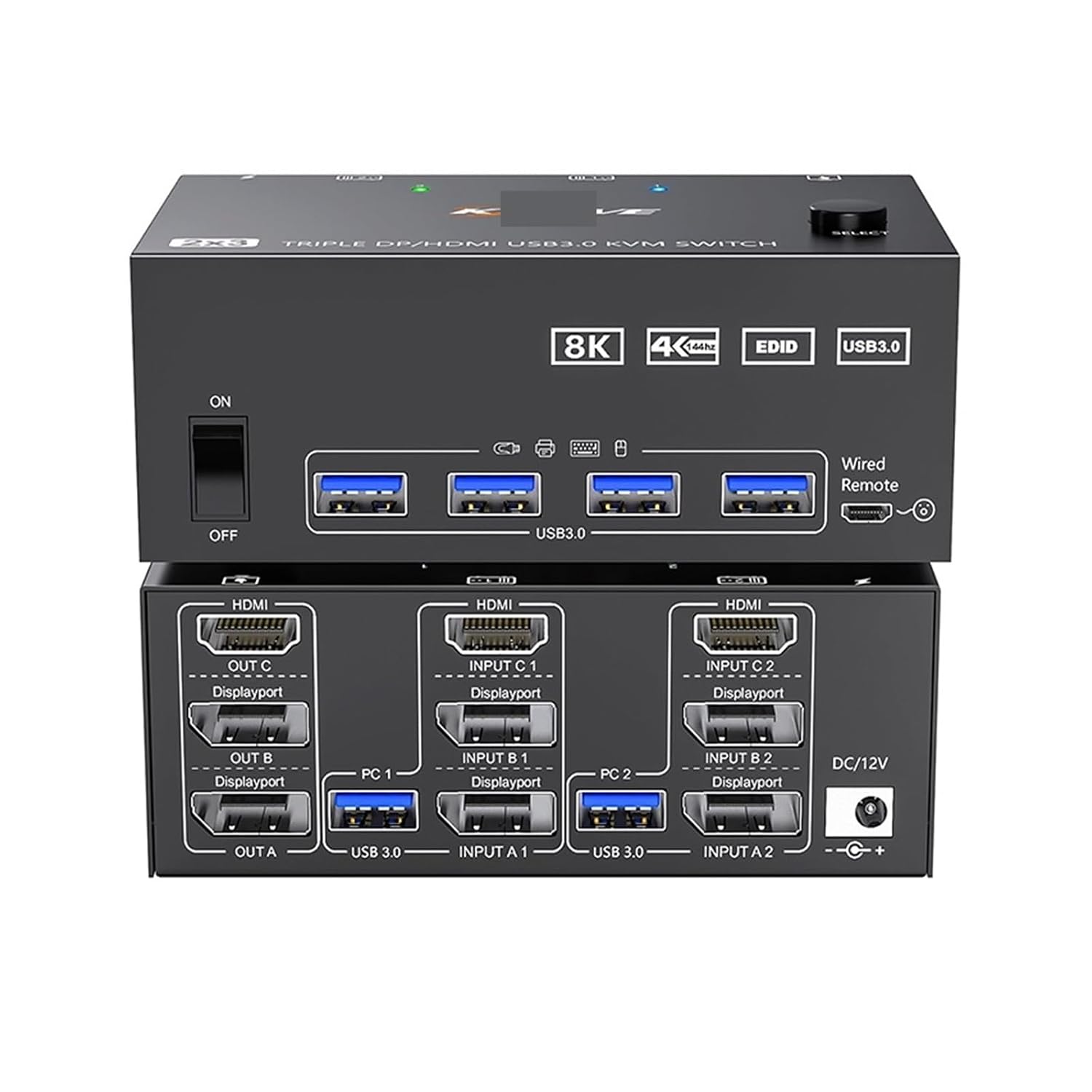 KVM Switch 3 Monitors 2 Computers 8K@60Hz 4K@144Hz, 2 Displayport + HDMI USB3.0 KVM Switch Triple Monitor with 4 USB 3.0 Port(US Plug)