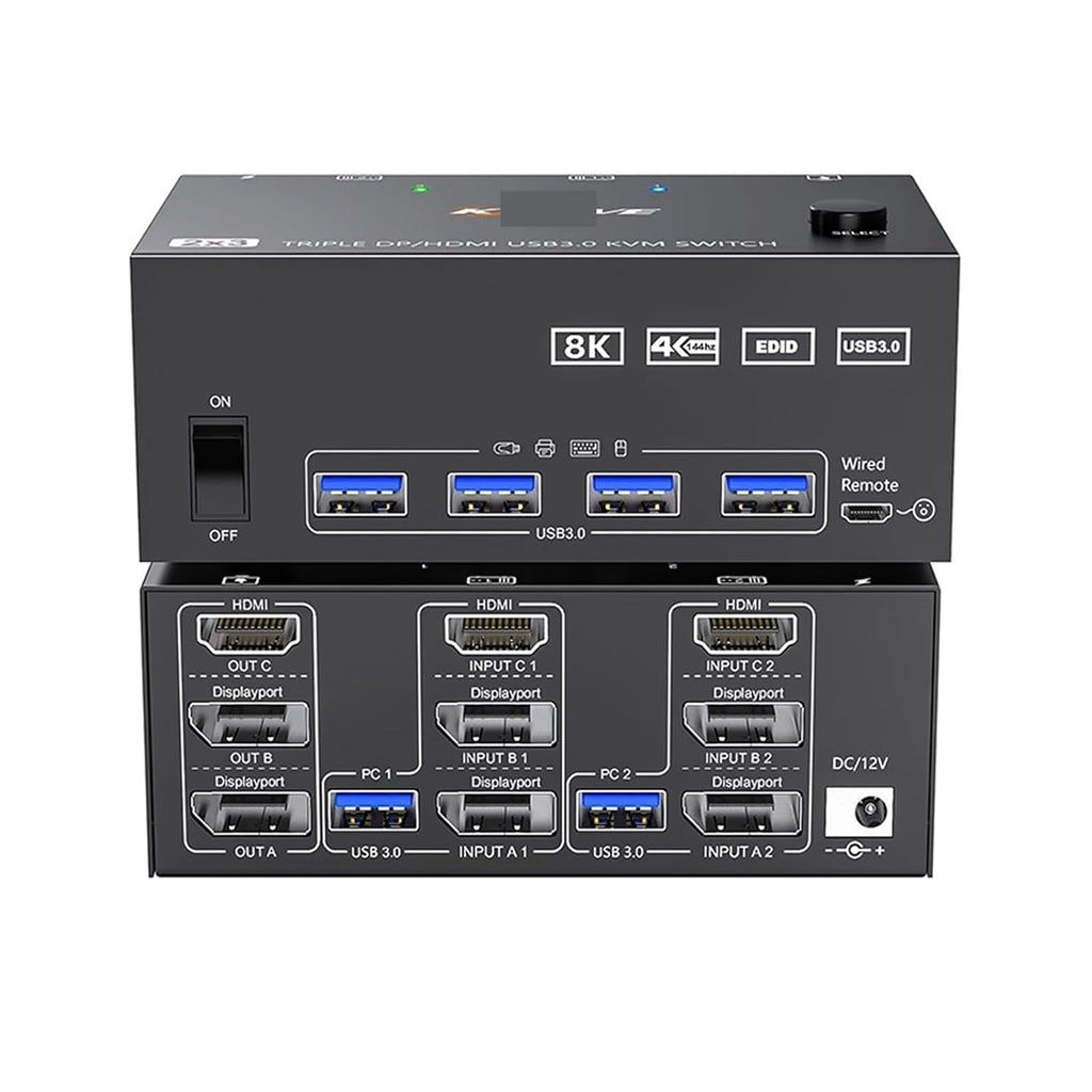 KVM Switch 3 Monitors 2 Computers 8K@60Hz 4K@144Hz, 2 Displayport + HDMI USB3.0 KVM Switch Triple Monitor with 4 USB 3.0 Port(EU Plug)