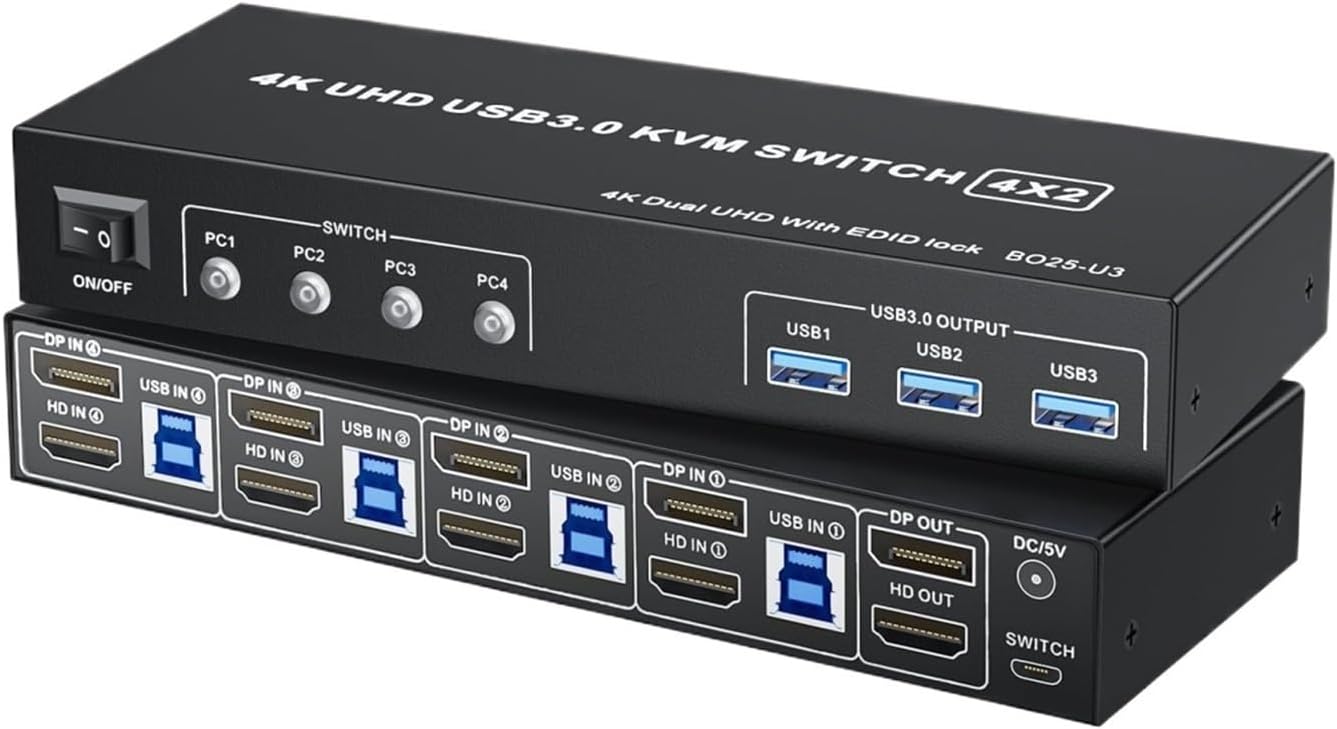 DisplayPort KVM Switch Box 4K@60Hz USB 3.0 HDMI 2.0 DP Extended Display Switcher 4K@60Hz for 4 Computers Share 2 Monitors(US Power Plug)