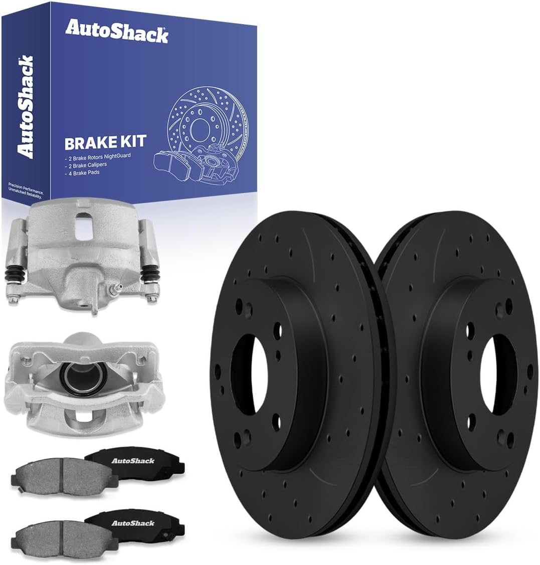 AutoShack Front Brake Rotors, Premium Pads & Calipers for Honda, Civic 2006-2011, FWD L4 1.8L - E-Coated Drilled & Slotted - Black Finish - NightGuard - 10.31' (261.9 mm), 5-Lug