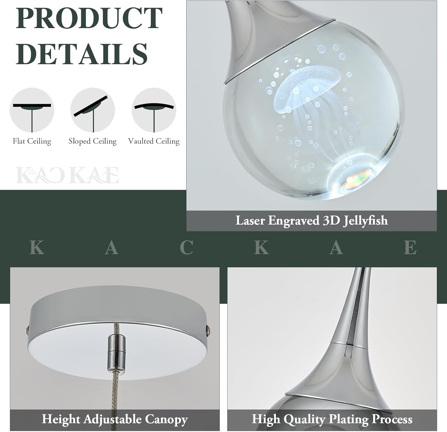 LED Pendant Light Kitchen Island Jellyfish Crystal Pendant Lights Dimmable Chrome Modern Hanging Light for Bedroom Bathroom Living Room 6000K Cool White, 3 Pack
