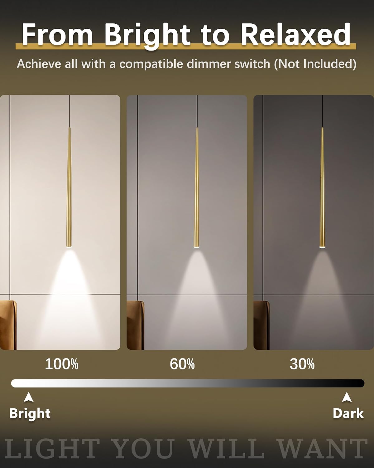 3 Pack Modern Brass Gold Pendant Lights, 27.5' Contemporary Tube Tapered Cylinder Hanging Light Fixture with Dimmable 4000K LED for Kitchen Island, Dining Room, Bar, Bathroom