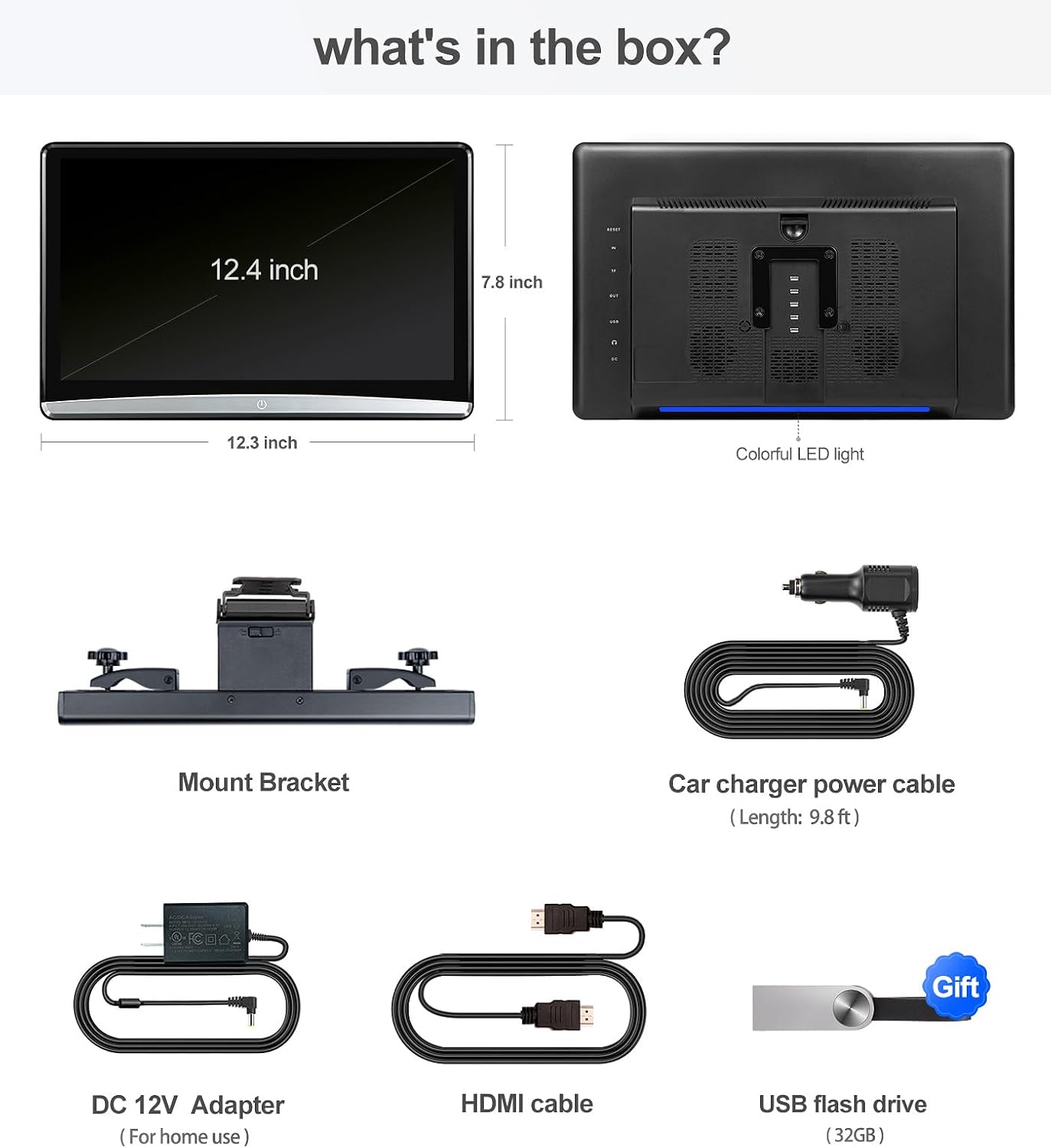 12.4' Android Universal 4K Car TV Headrest Monitor Tablet for Back seat, Support Phone Wireless Connection Mirror Link Touch Screen,with WiFi/Bluetooth/HDMI/USB/AV in/SD/Airplay Video Player(1*pcs)