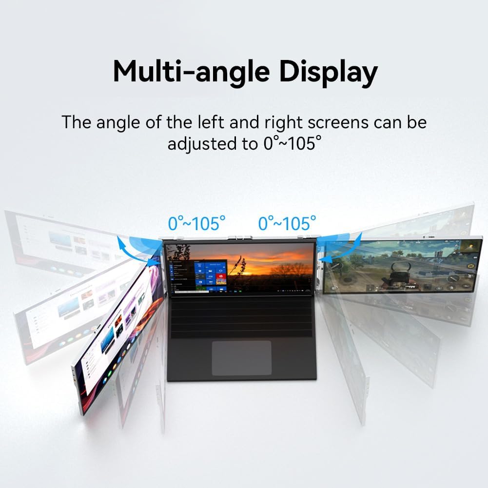 VSDISPLAY 14'' Triple Laptop Screen Extender 1920x1200 IPS Portable Display Dual Monitor with Mini H/D USB-C Plug and Play for 13.3''-16'' Laptops