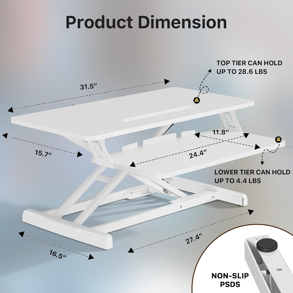 JOY worker Standing Desk Converter, 32' Wide Height Adjustable Sit Stand Up Desk Riser with Keyboard Tray, Desktop Workstation Riser for Home Office Computer Laptop, Particle Board, White