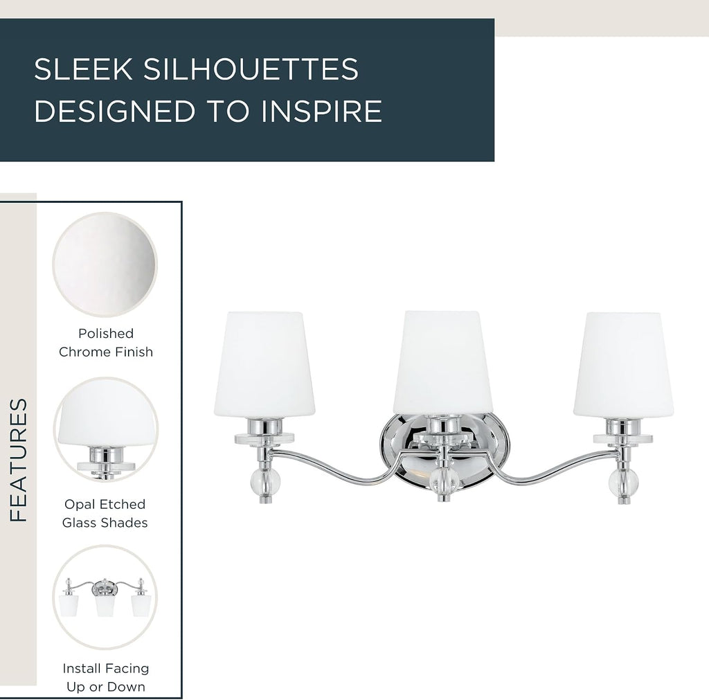 Quoizel Hollister 23' 3-Light Vanity Light, Polished Chrome Bathroom Fixture, Opal Etched Glass Shades, Classic Wall Mount for Over Mirror