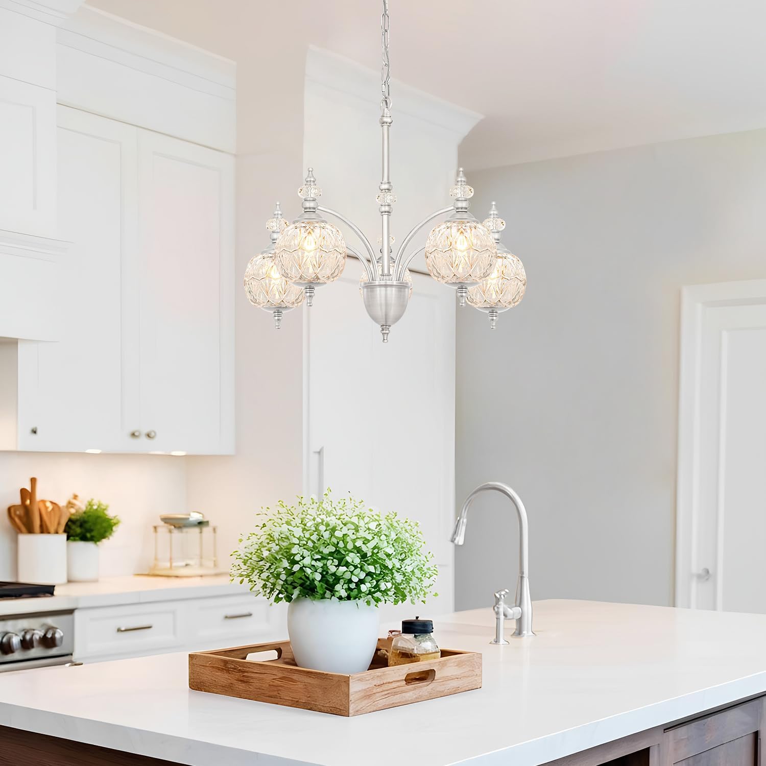 Vintage Brushed Nickel Chandelier - Adjustable Height Dining Room Light Fixture with Handcrafted Blown Glass - 5-Light G9 Base, Ideal for Kitchen, Entryway, Enhances Luxury Home Decor for Discerning