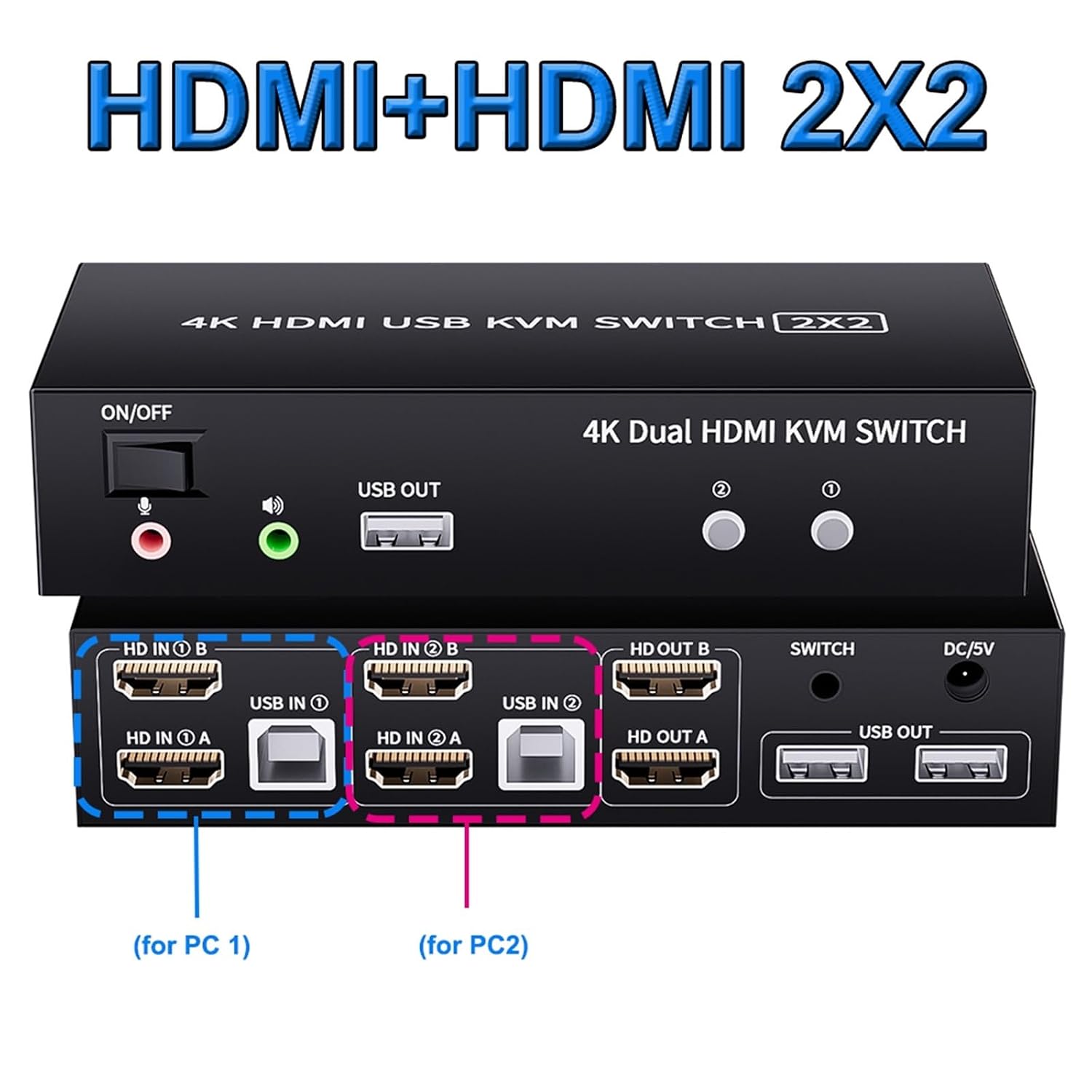 HDMI KVM Switch Dual Monitor 4K 60Hz 2X2 KVM Switch HDMI 2.0 USB DisplayPort for 2 Monitors Extended Mirror Mode(HDMI 2X2)