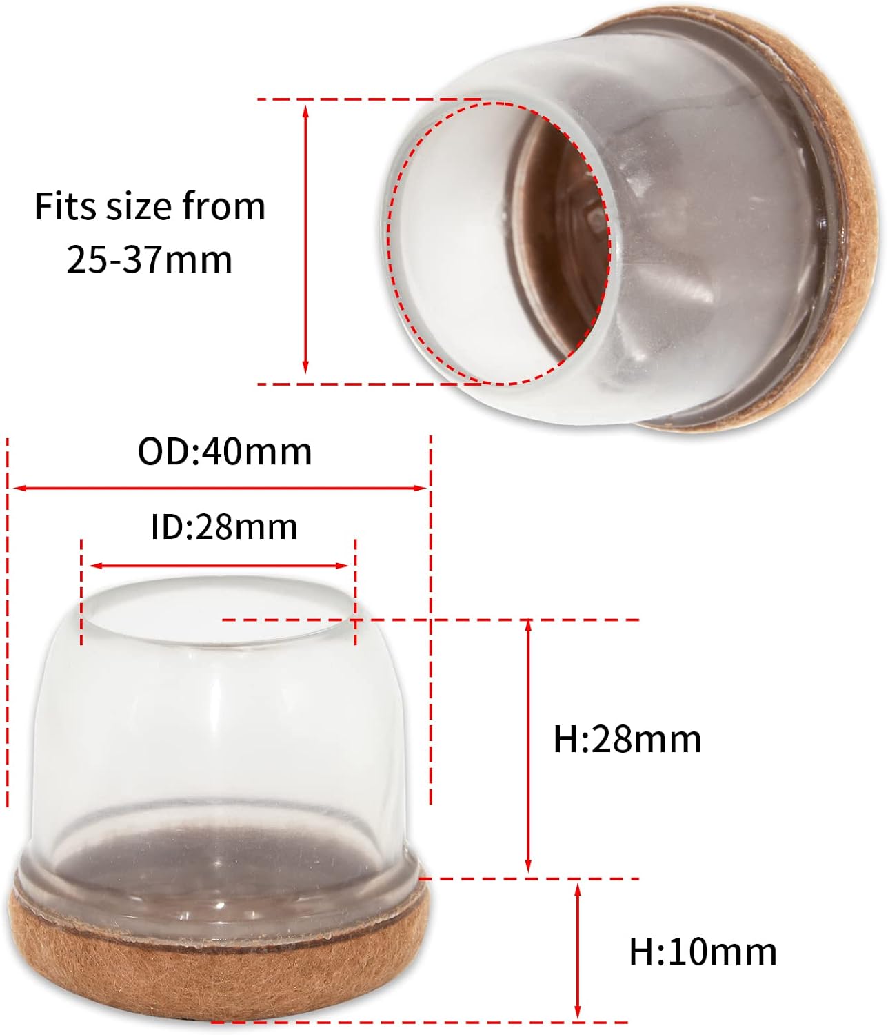Flyshop 48PCS Durable Silicone Round Large Chair Leg Cap with Felt Pads Furniture Floor Protectors, Reduce Noise, 25 to 37 mm (1' to 1-1/2'), Transparent