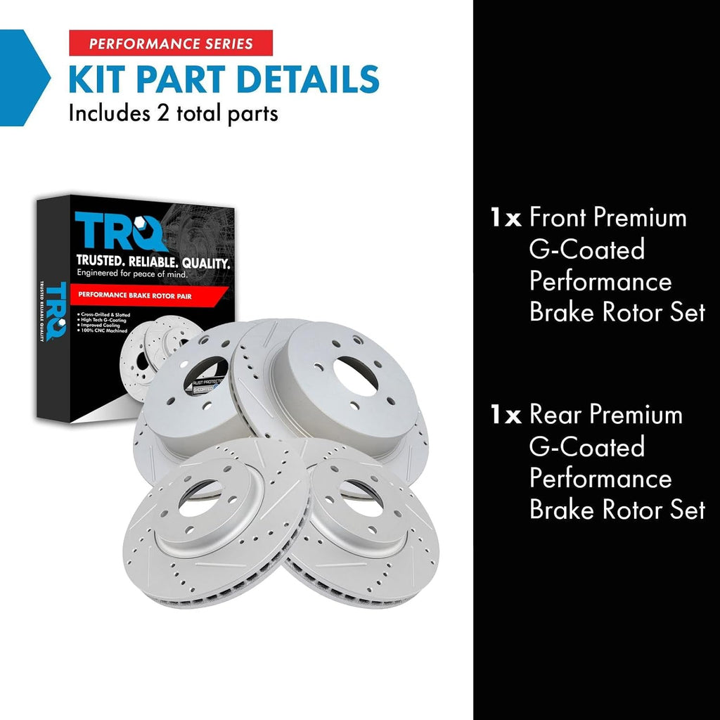 TRQ Performance Front Rear Brake Rotor Set Drilled Slotted Vented G Coated Compatible with 2004-2009 2004-2017 Nissan Quest