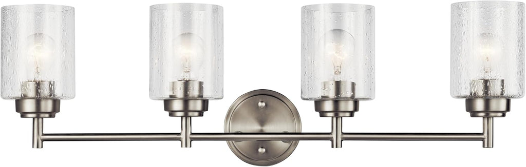 Kichler Winslow 30' Vanity Light in Brushed Nickel, 4-Light Transitional Bathroom Light with Clear Seeded Glass. (30' W x 9.25' H), 45887NI