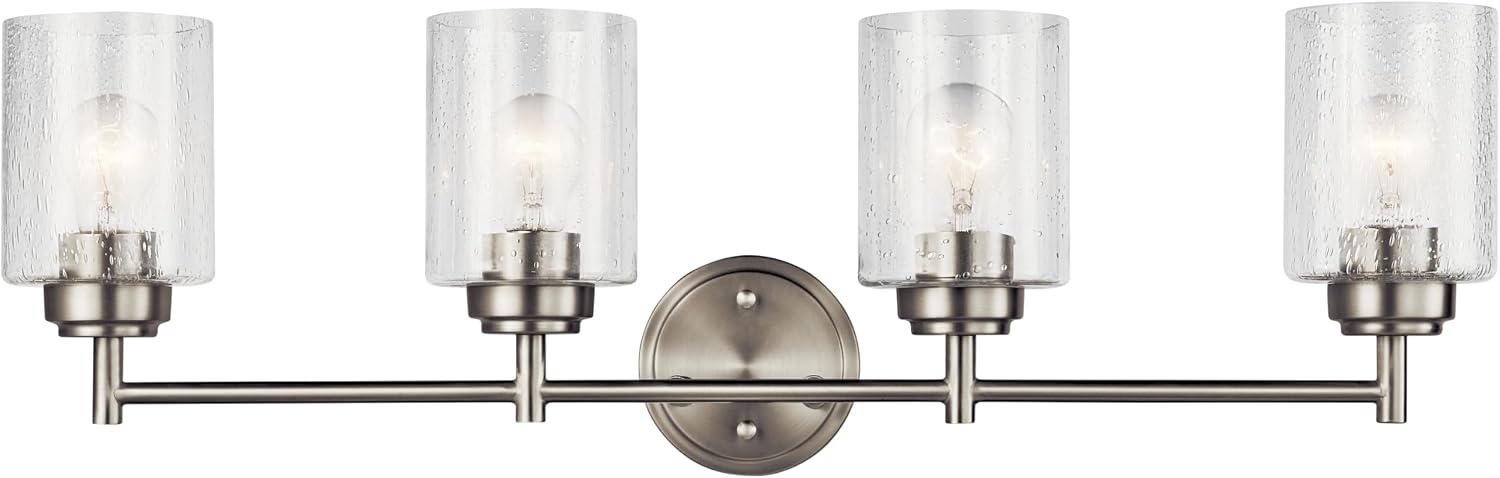 Kichler Winslow 30' Vanity Light in Brushed Nickel, 4-Light Transitional Bathroom Light with Clear Seeded Glass. (30' W x 9.25' H), 45887NI