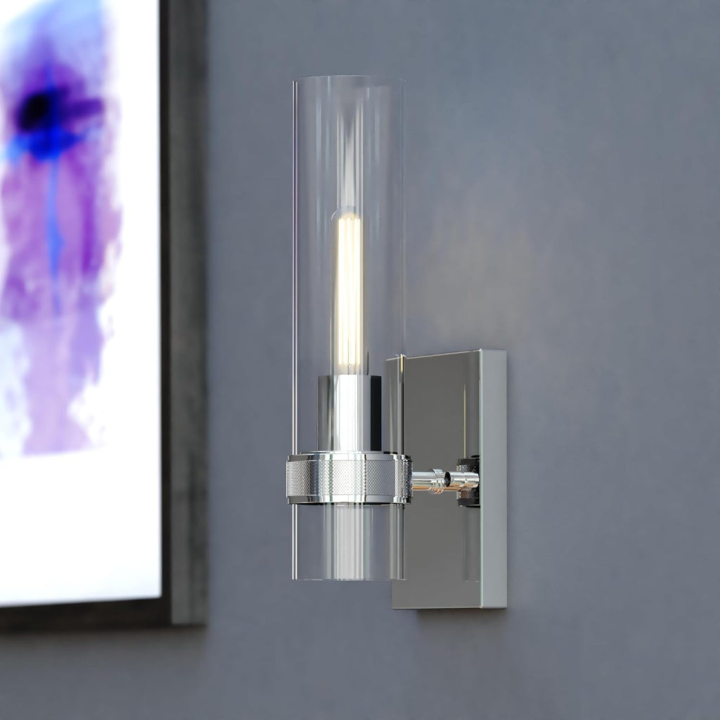 VAXCEL Bari 1 Light Bathroom Lighting Fixture with Clear Glass Cylinder Shade, Chrome Finish, Contemporary Modern Wall Sconce