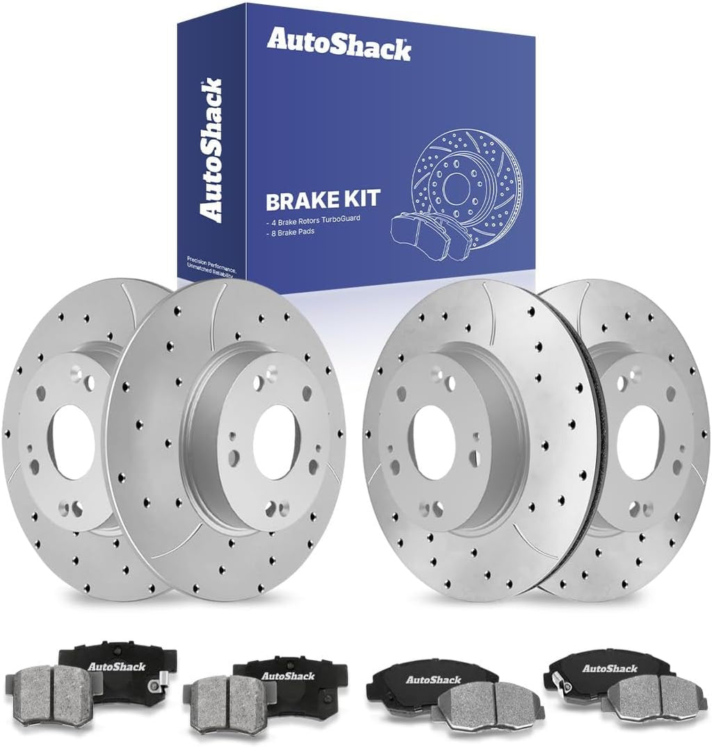 AutoShack Front & Rear Brake Rotors & Ceramic Pads for Honda, Civic 2006-2011, FWD L4 1.8L - Coated Drilled & Slotted - Silver Matte Finish - TurboGuard