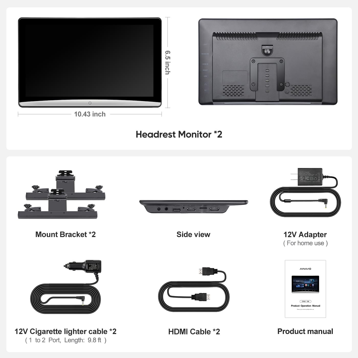 10.8inch Android Portable Car TV Headrest Monitor Tablet for Cars Back seat Support Phone Wireless mirroring Touchscreen with WiFi/Bluetooth/HDMI/USB/Video Player (CPAD-108-2)