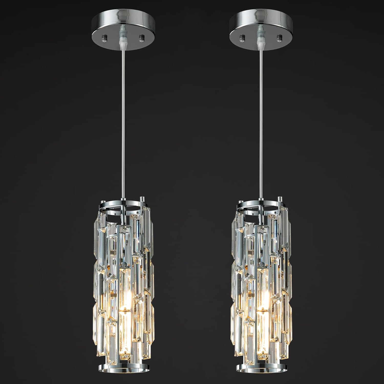 LMQNINE Pendant Lights Modern Chrome Pendant Light Mini Crystal Chandelier Pendant Lighting for Kitchen Island Dinning Room Bedroom Kitchen Sink Lighting (Chrome 2-Pack)