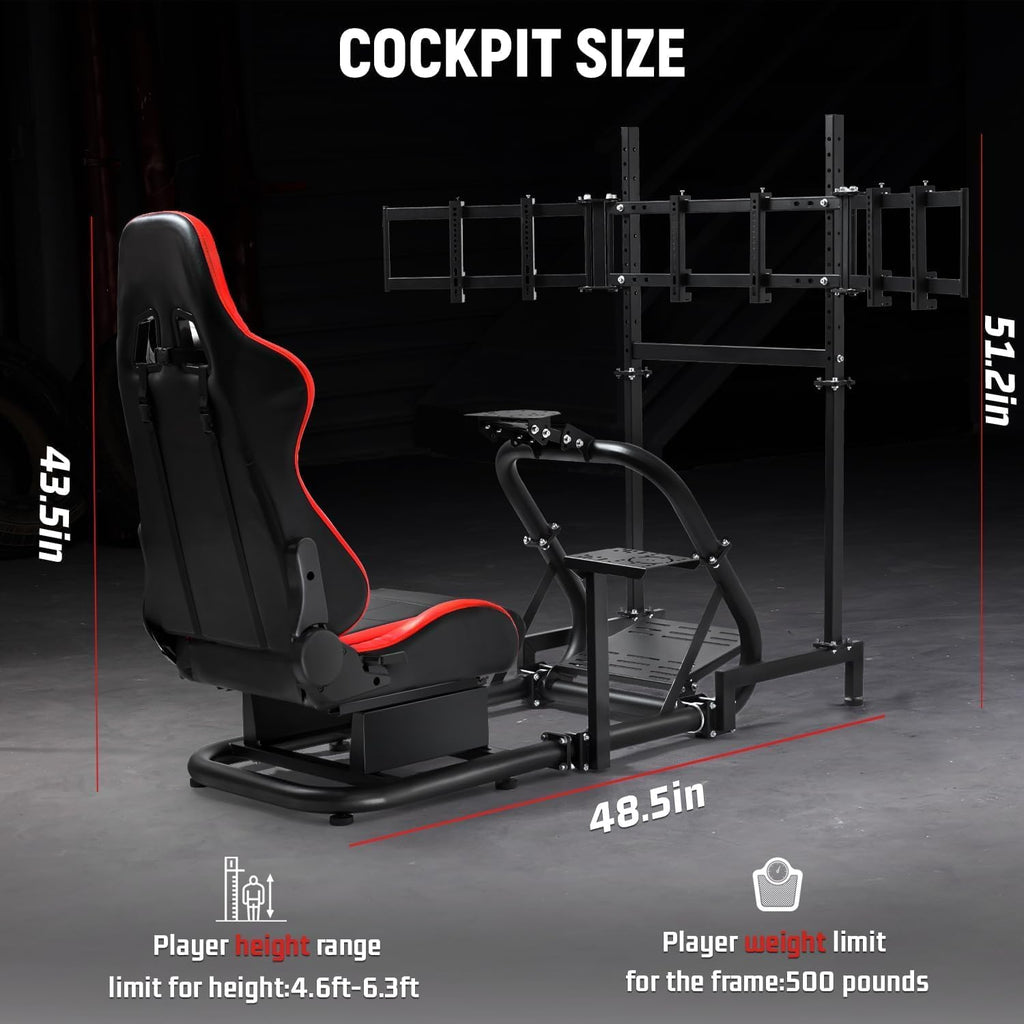 Dardoo Racing Simulator Cockpit with Triple Monitor Stand and Red Seat Fit for Logitech/Thrustmaster/Fanatec T500RS TX G29 G920 G923 CSL-DD, No Steering Wheel,Pedal,Handbrake