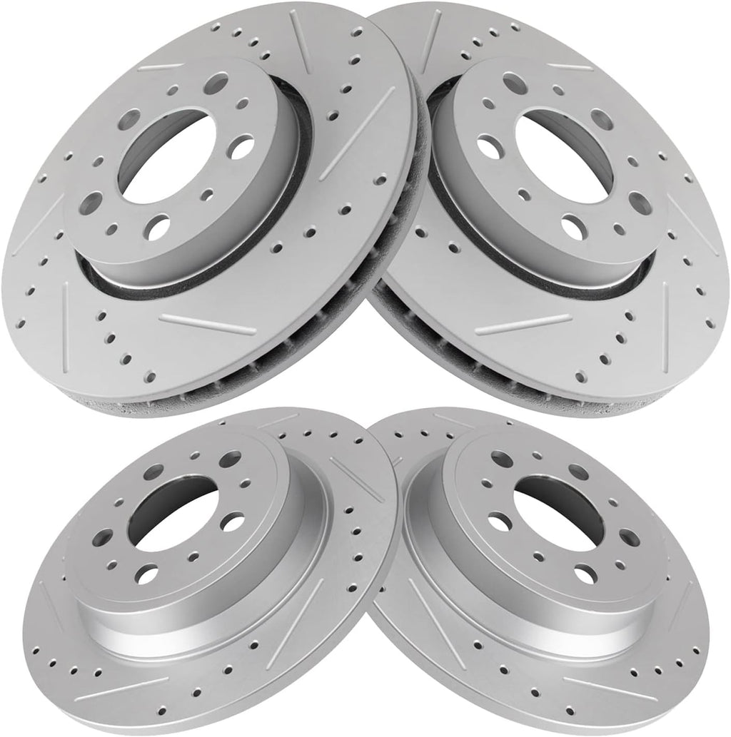TRQ Performance Front and Rear Brake Rotor Set G Coated Drilled and Slotted Compatible with 2001-2009 Volvo S60 1999-2006 S80 2001-2007 V70 2003-2007 XC70