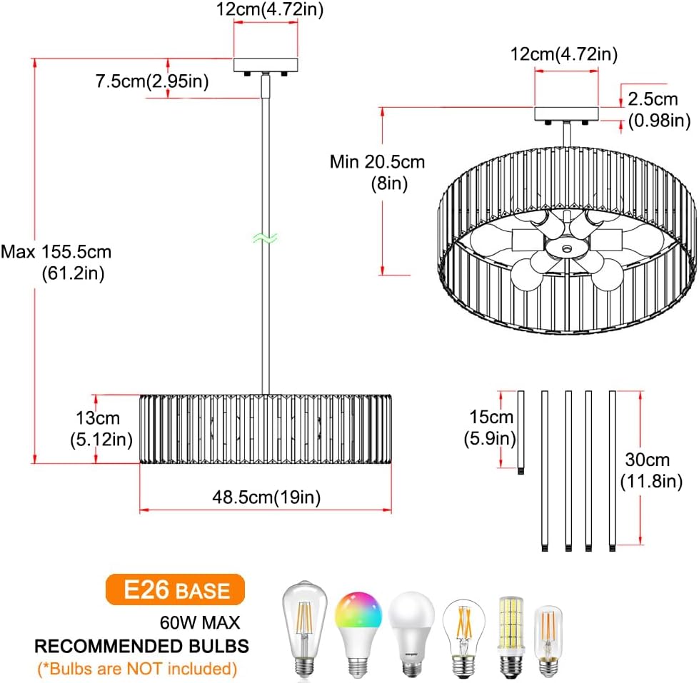 Modern Crystal Chandelier for Dining Room, 6 Light Chrome Semi Flush Mount Ceiling Light Fixtures, 19in Hallway Fixture, Round Kitchen Hanging Drum Pendant Lights Ceiling for Living Room Bedroom Foyer