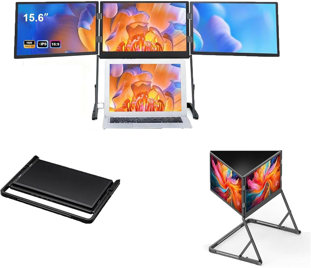 15.6' FHD Triple Monitor for Laptop, Portable Foldable Laptop Screen Extender with 360° Rotation, USB-C/HDMI Plug & Play for Windows & Mac