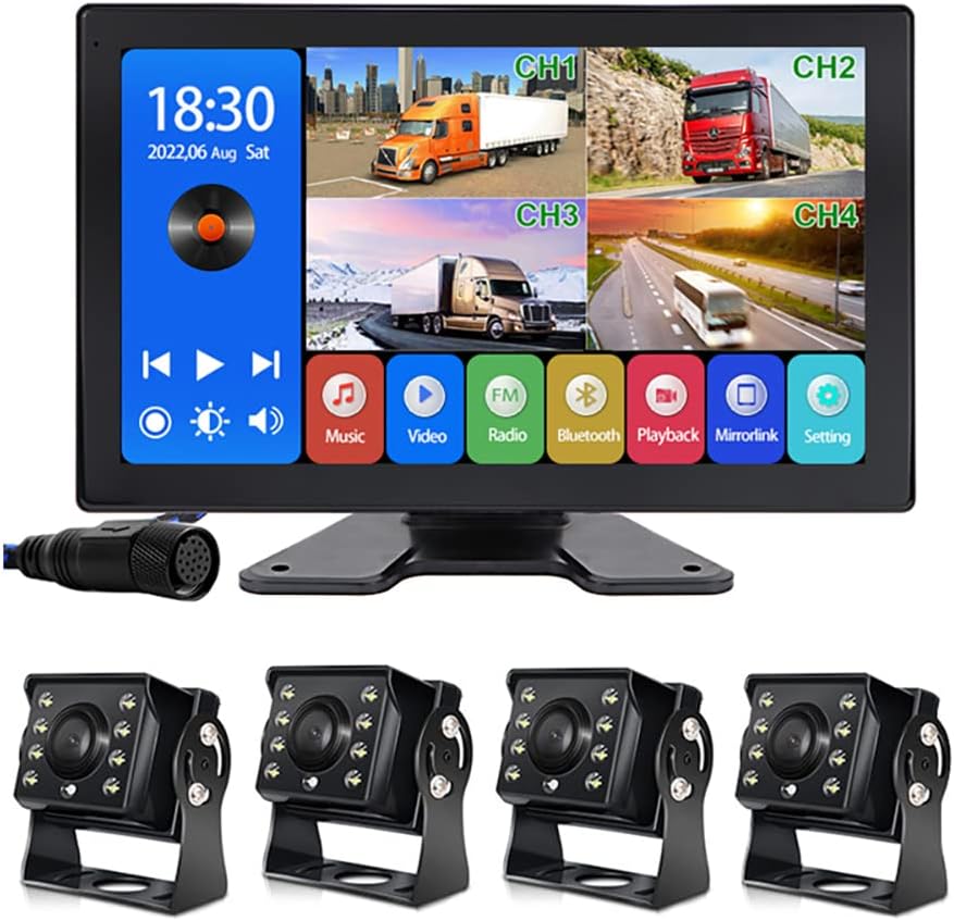 EVERSECU 4K Car Backup Cameras System with 10.1' Touch Screen Quad Display Monitor & 4pcs 1080P Backup AHD Cameras, MP5 Player, Vehicle DVR Recorder for RV/Truck/Bus/Trailer/Camper/Van
