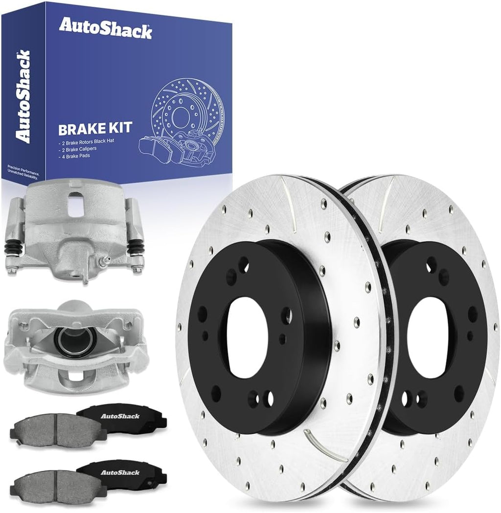 AutoShack Front Brake Rotors, Premium Pads & Calipers for Honda, Civic 2006-2011, FWD L4 1.8L - E-Coated Drilled & Slotted - ShadowGuard - 10.31' (261.9 mm), 5-Lug