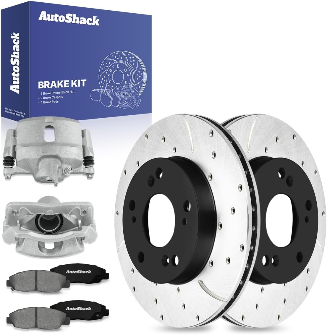 AutoShack Front Brake Rotors, Premium Pads & Calipers for Honda, Civic 2006-2011, FWD L4 1.8L - E-Coated Drilled & Slotted - ShadowGuard - 10.31' (261.9 mm), 5-Lug