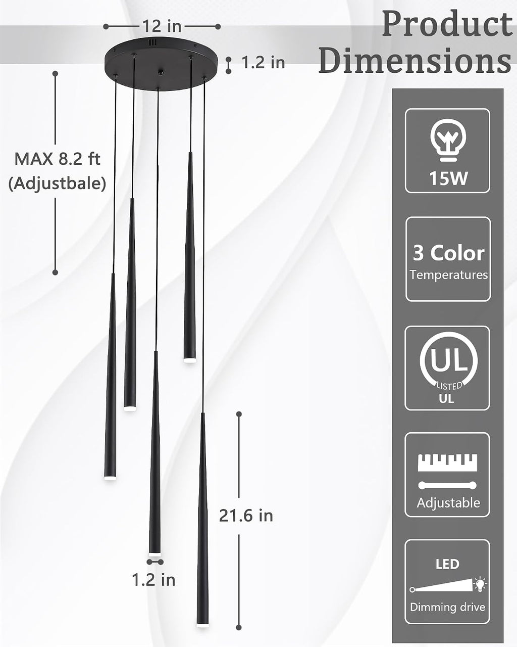 5-Light Modern Black LED Chandelier, High Ceiling Chandelier for Staircase Entryway Foyer, Linear Dimmable Hanging Light Fixture with 3 Color Temperatures