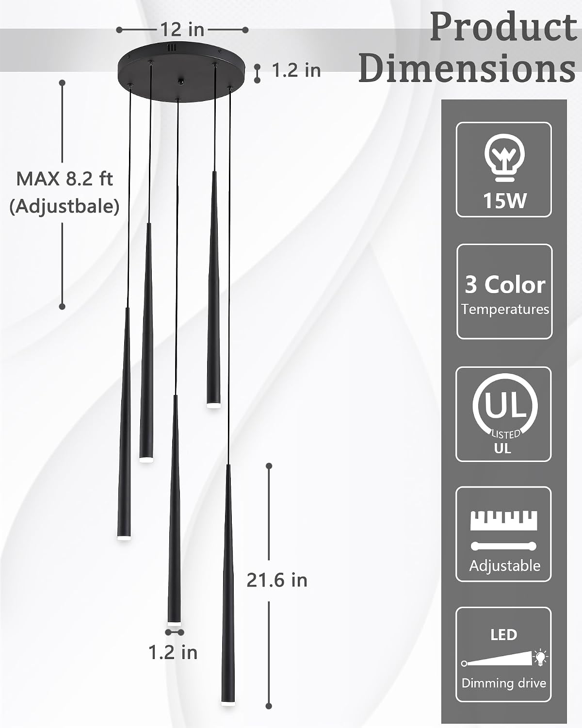 5-Light Modern Black LED Chandelier, High Ceiling Chandelier for Staircase Entryway Foyer, Linear Dimmable Hanging Light Fixture with 3 Color Temperatures