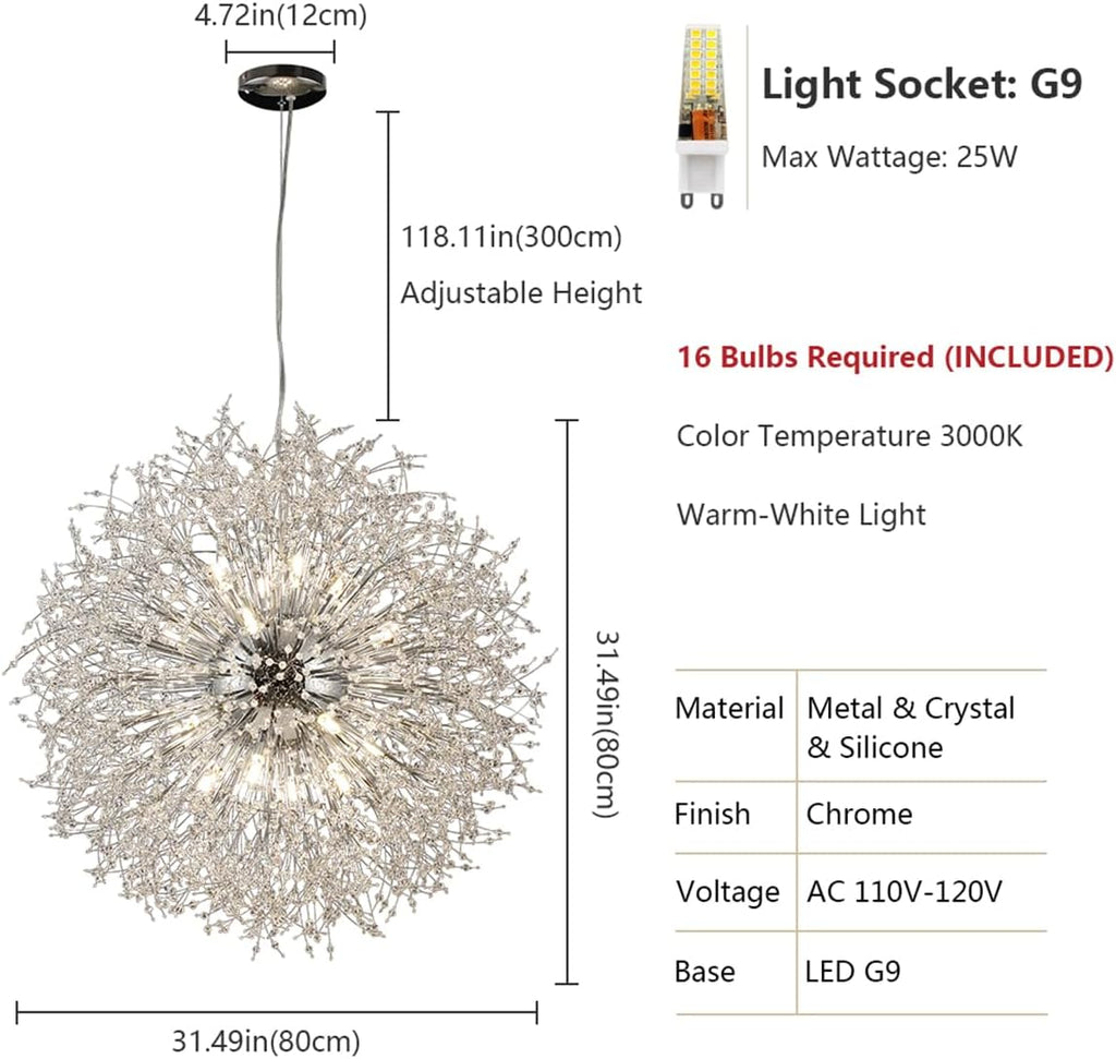 Modern Crystal Chandelier Firework, 31.4' Dandelion Crystal Chandelier Lighting Chrome, 16-Light Steel Large Pendant Sputnik Chandelier for Living Room Foyer