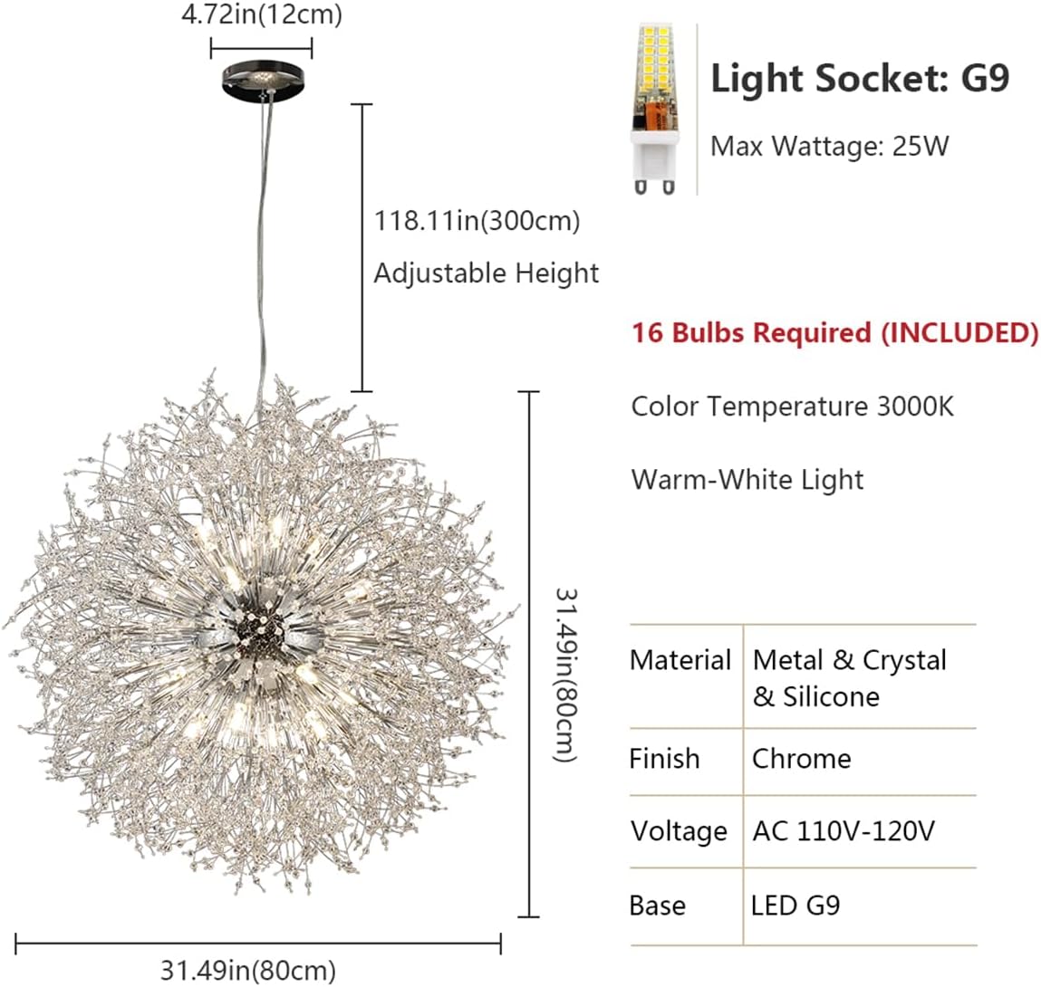 Modern Crystal Chandelier Firework, 31.4' Dandelion Crystal Chandelier Lighting Chrome, 16-Light Steel Large Pendant Sputnik Chandelier for Living Room Foyer