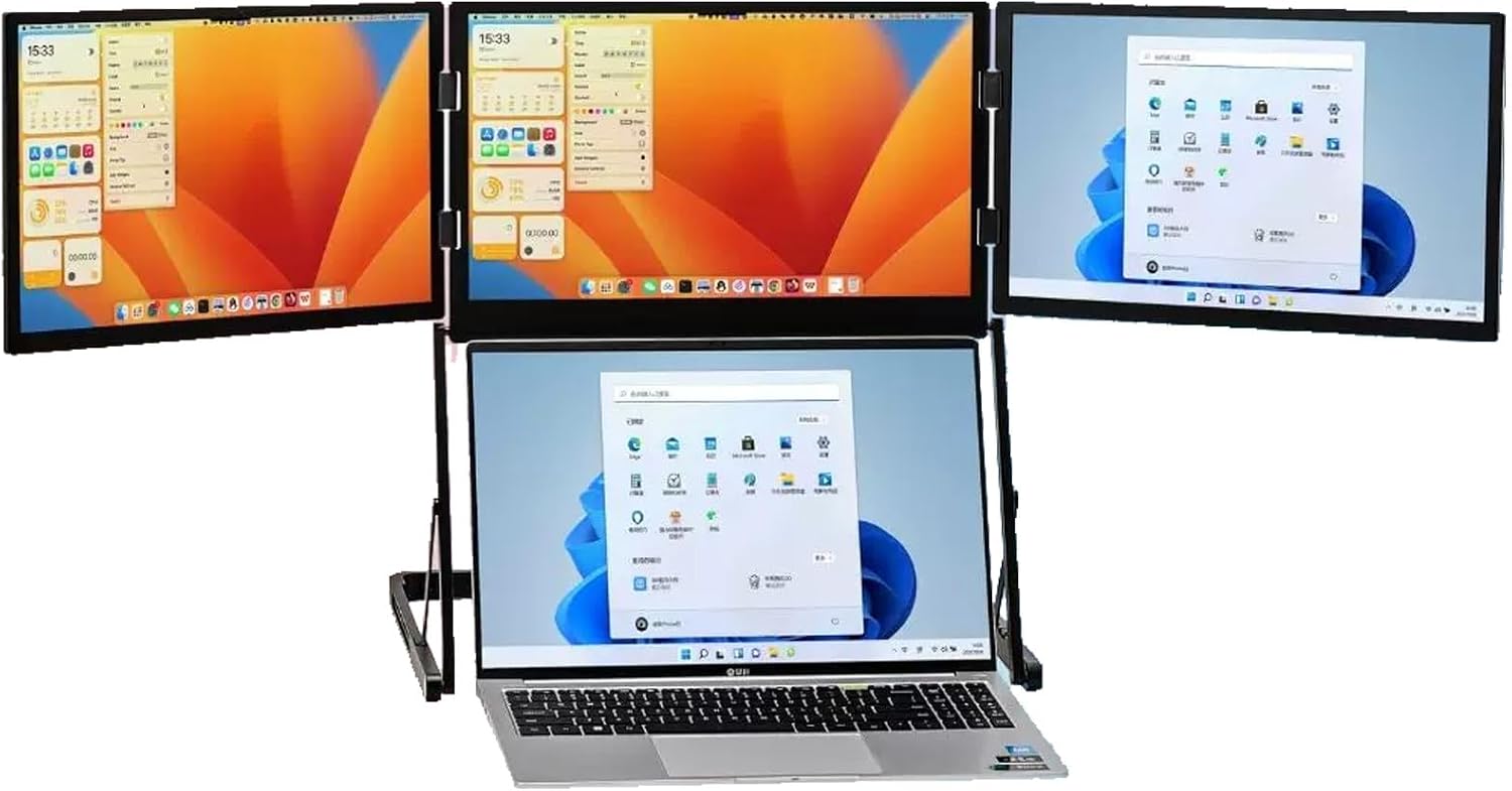 Foldable Triple Monitor for Laptop, 15.6' Portable Laptop Screen Extender with IPS 1080P Display, 100% sRGB Color, Built-in Speakers, Height Adjustable Stand