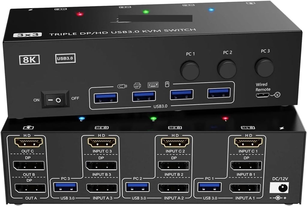 8K@60Hz HDMI+2 Displayport KVM Switch Triple Monitor for 3 Computer Share 3 Monitor and 4 USB3.0 Devices,Wired Remote(with AU Plug)