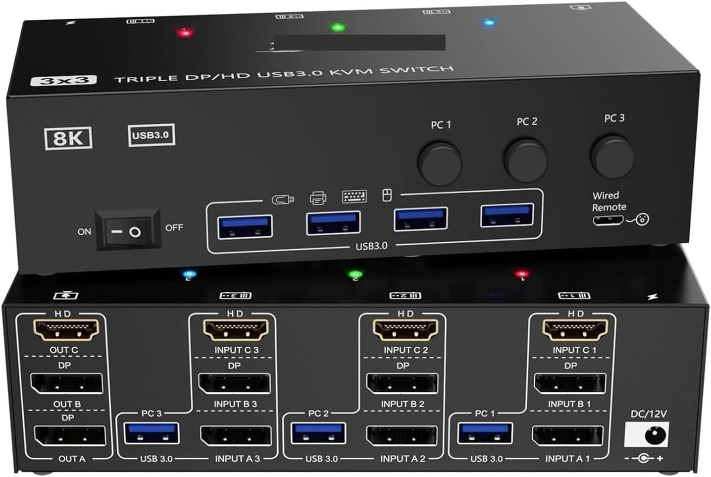 8K@60Hz HDMI+2 Displayport KVM Switch Triple Monitor for 3 Computer Share 3 Monitor and 4 USB3.0 Devices,Wired Remote(with US Plug)