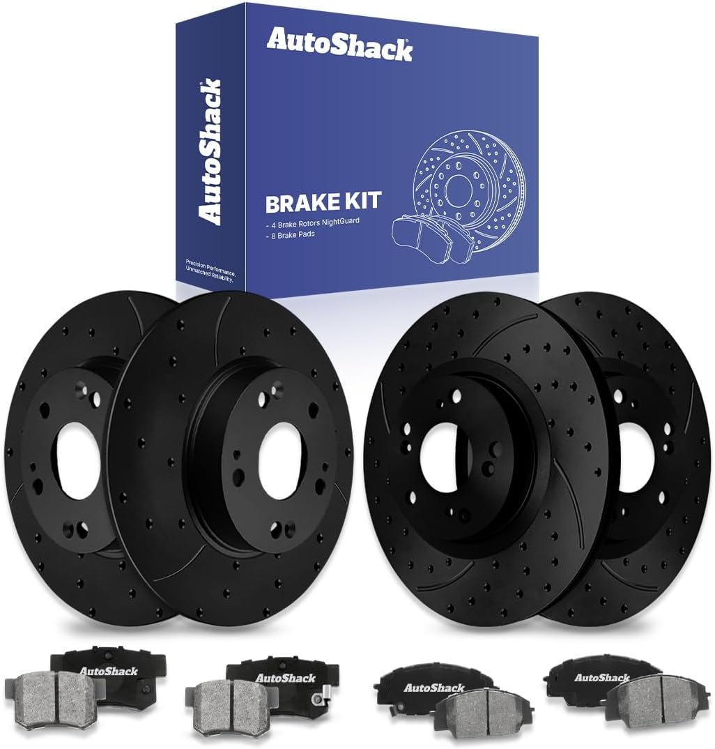 AutoShack Front & Rear Brake Rotors & Ceramic Pads for Honda & Acura, Civic 2006-2011 CSX 2007-2010, FWD L4 2.0L - E-Coated Drilled & Slotted - Black Finish - NightGuard