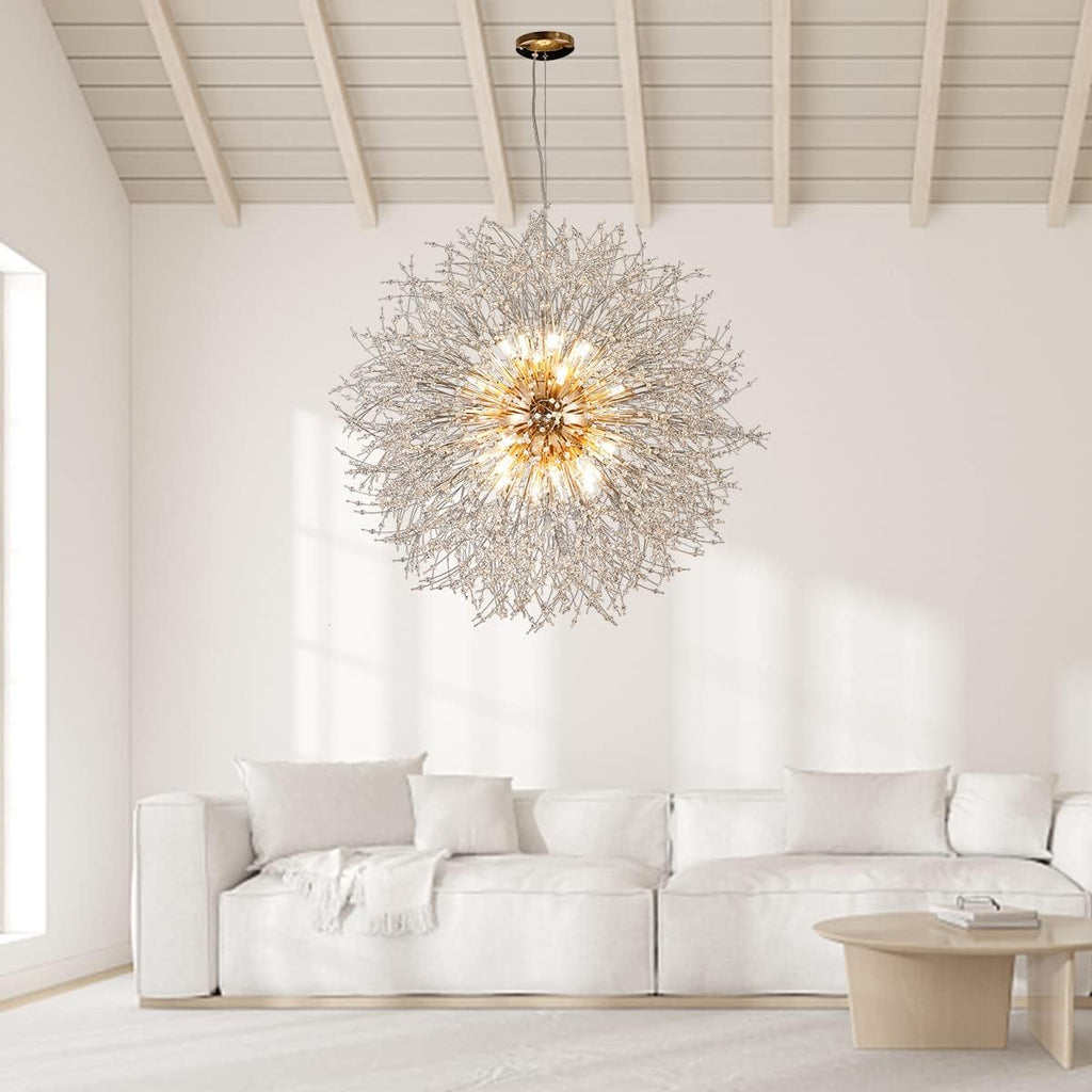 Gold Crystal Chandeliers Dandelion, 31.4' Steel Firework Chandelier Large Lighting, 16-Light Modern Sputnik Pendant Light Fixture for Living Room Bedroom