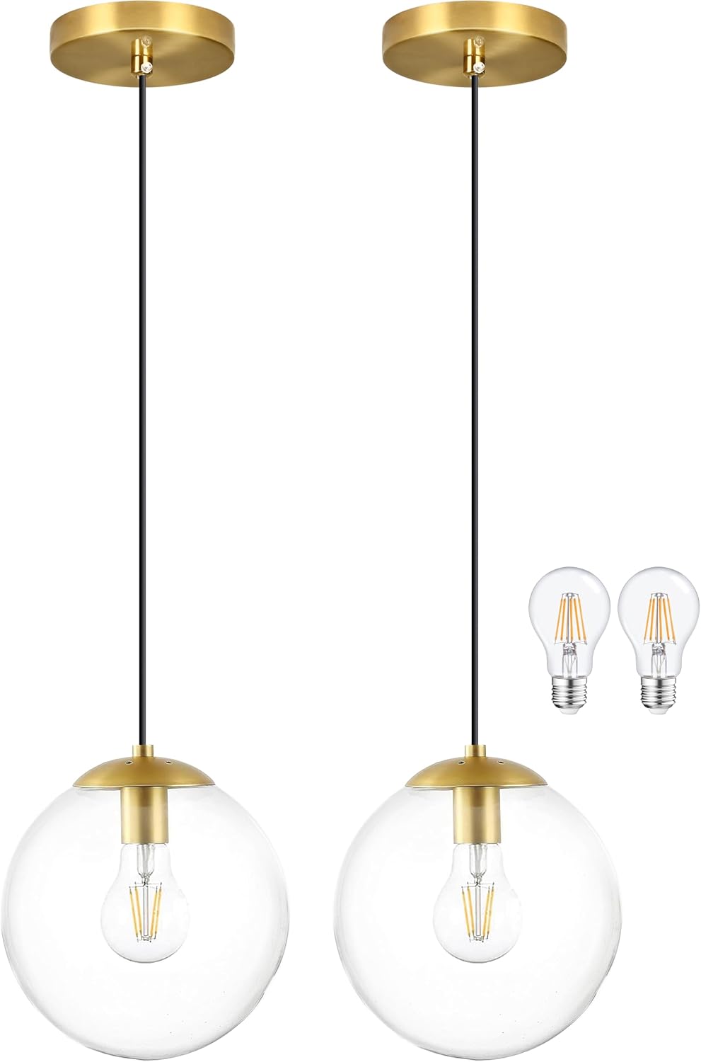 KoKo&Yukina 8' Gold Glass Globe Modern Pendant Lights 2 Pack Mid Century Clear Glass Pendant Light Fixtures Adjustable Hanging Pendant Lighting for Kitchen Island Bedroom Hallway Bulbs Included