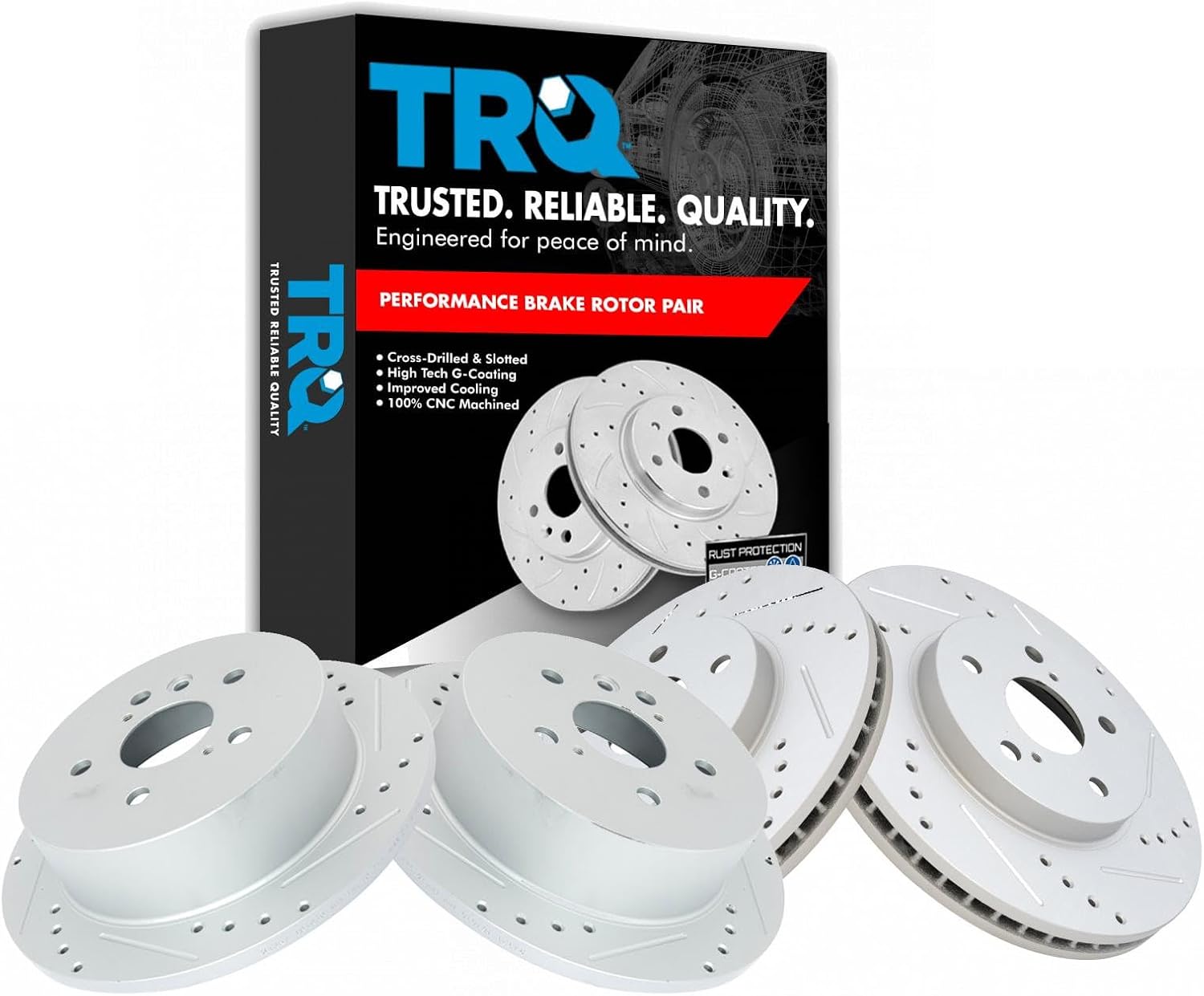 TRQ Performance Front and Rear Brake Rotor Set G Coated Drilled and Slotted Compatible with 2004-2010 Toyota Sienna