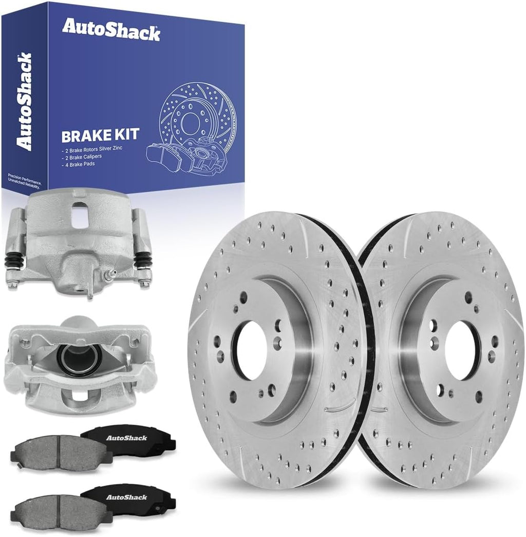 AutoShack Front Brake Rotors, Premium Pads & Calipers for Honda, Civic 2006-2011, FWD L4 1.8L - Silver Zinc Coated Drilled & Slotted - SilverShield Pro - 10.31' (261.9 mm), 5-Lug
