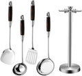 316 Stainless Steel Kitchen Utensils Set with Wooden Handle for Cooking Metal Kitchenware Cooking Utensils Set with Countertop Rotating Holder Stand Dishwasher Safe,5 Pcs